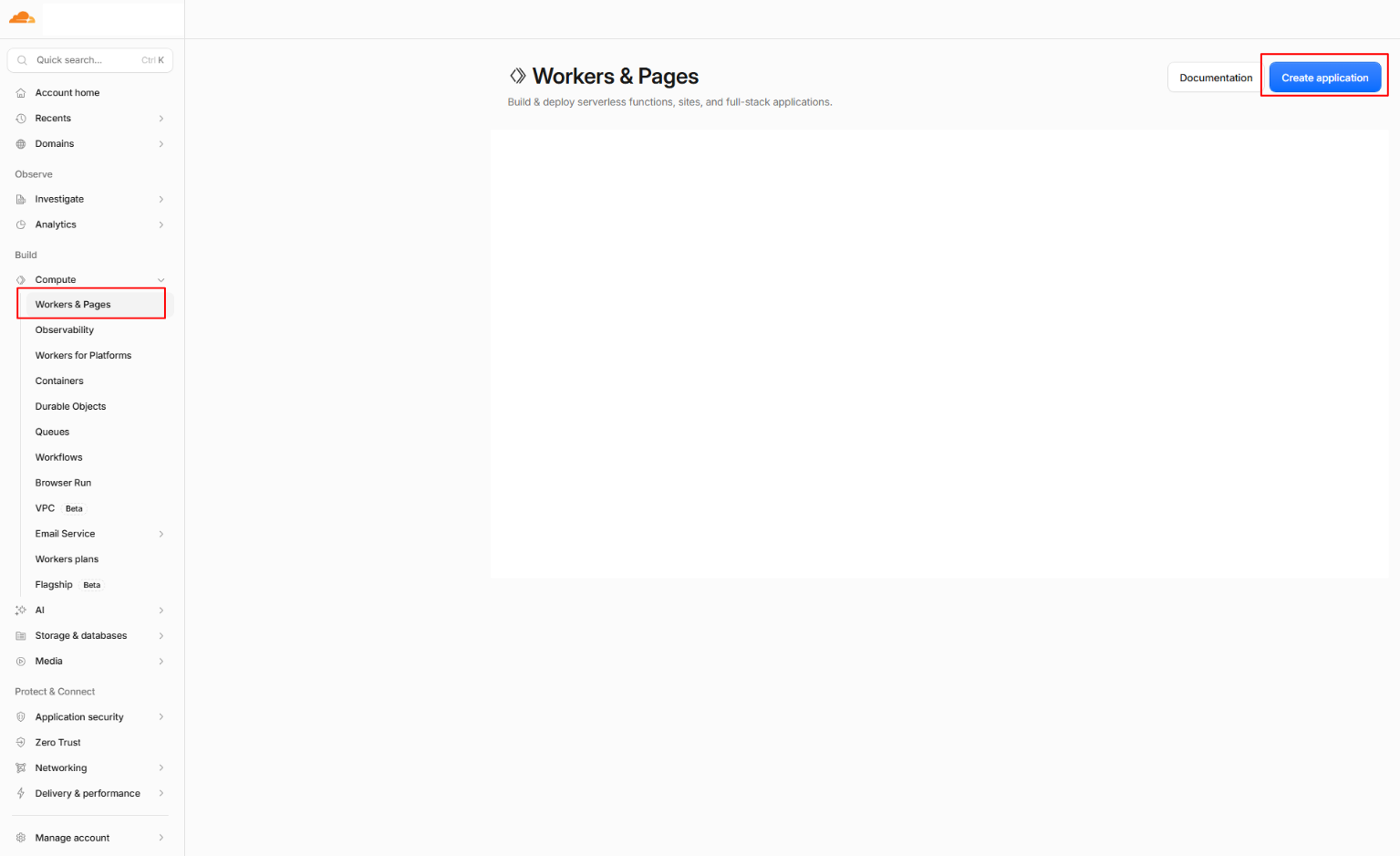 Workers 與 Pages 頁面，Create application 按鈕